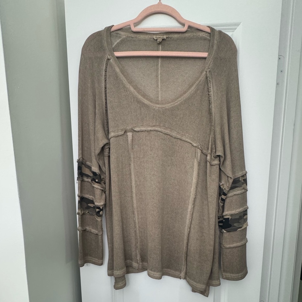 Three Bird Nest Beige BOHO Tunic with Camo Sleeves